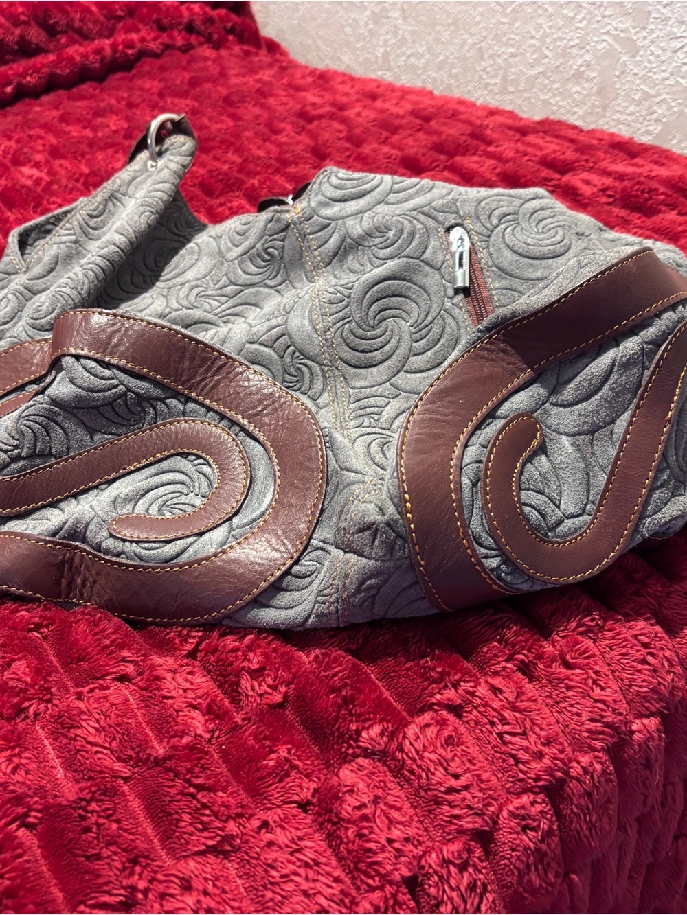 Italian Leather Bag Gray Embossed Shoulder Hobo Bag with Brown Leather Swirls - Picture 6 of 13